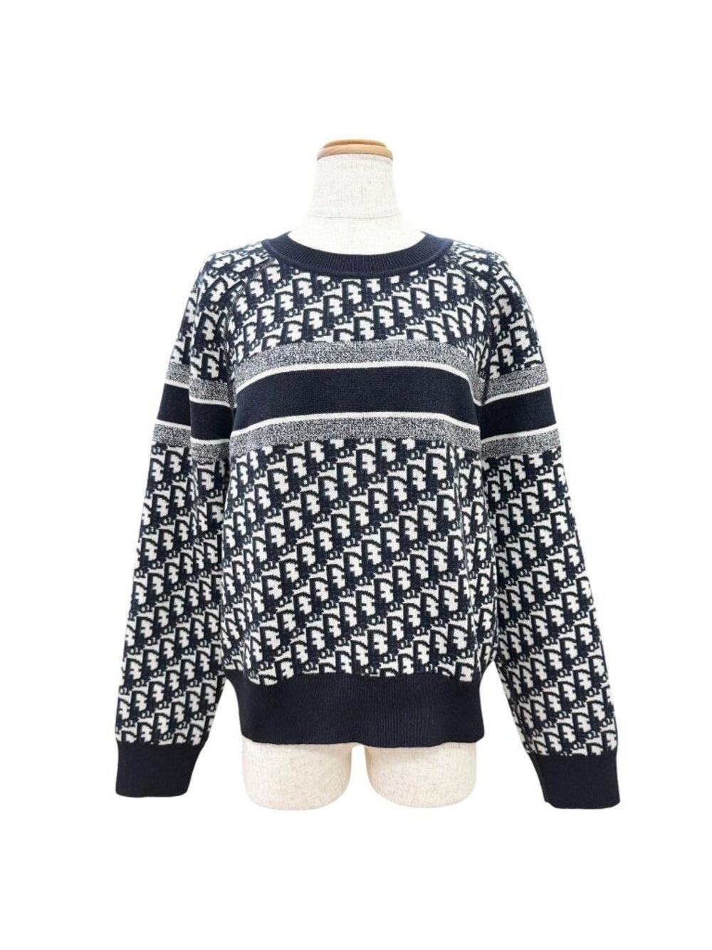 Dior Cashmere 97% Oblique Logo Reversible Long Sleeve Knit Navy 44 Sweater
